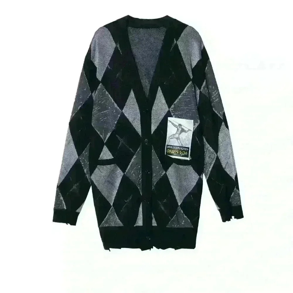 JNBY Diamond Pattern V-Neck Factory Distressed Wool Cardigan Size Medium EUC!